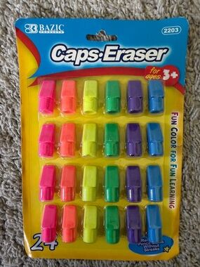 Bazic Neon Caps Erasers - 24-Pack (Pink, Orange, Yellow, Green, Purple, Blue)